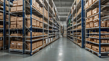 warehouse shelves with boxes, ai generated