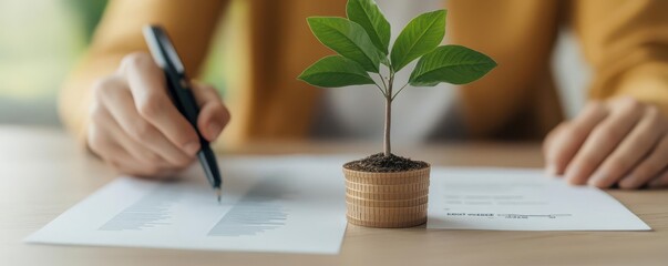 Client and advisor reviewing ethical investment certificates, focus on renewable energy projects