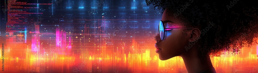 Poster a profile of a person with glasses against a vibrant, colorful backdrop featuring digital waveforms 