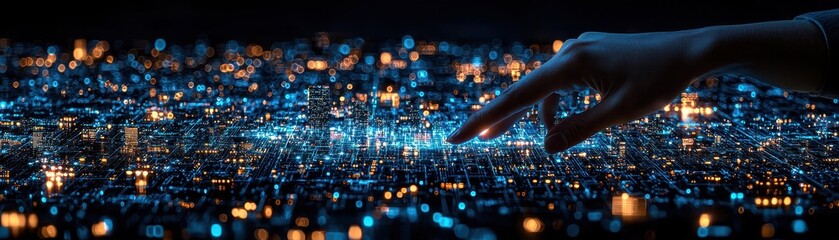 Fototapeta premium A hand hovers over a vibrant, illuminated cityscape filled with colorful lights, creating a blend of technology and urban beauty.