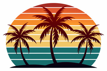 retro sunset beach palm trees silhouettes