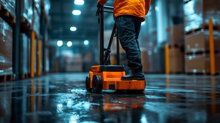 Obraz premium A man in an orange jacket is standing on a forklift
