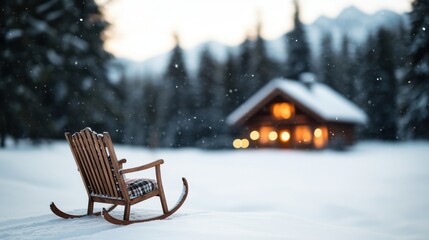 A serene winter scene featuring a rocking chair on snow, with a cozy cabin in the background, surrounded by tall trees and mountains.