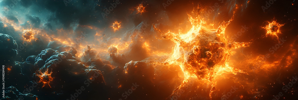 Fototapete dramatic fiery cosmic explosion with intense bursts of energy and light,creating a majestic and disp