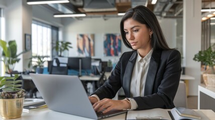 Young professional it specialist latin hispanic business lady working on laptop pc sitting at desk in modern office space. 30s middle eastern indian woman using computer technology app for work online