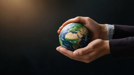 Hands holding a globe depicting Earth against a dark background.
