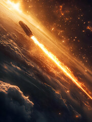 A close-up of a space probe descending through outer space