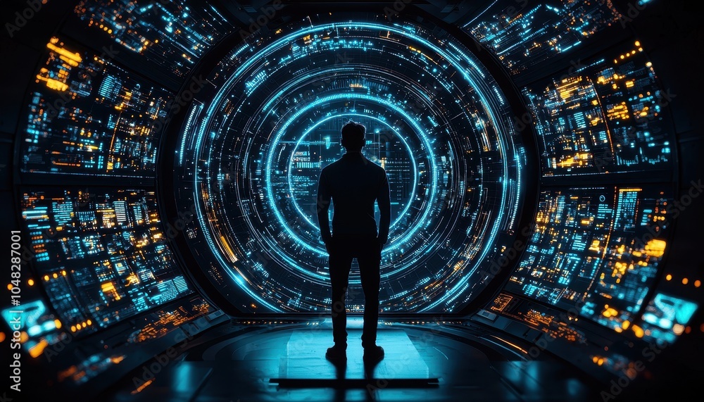 Aufkleber a silhouetted figure stands before a futuristic circular display, surrounded by glowing screens fill