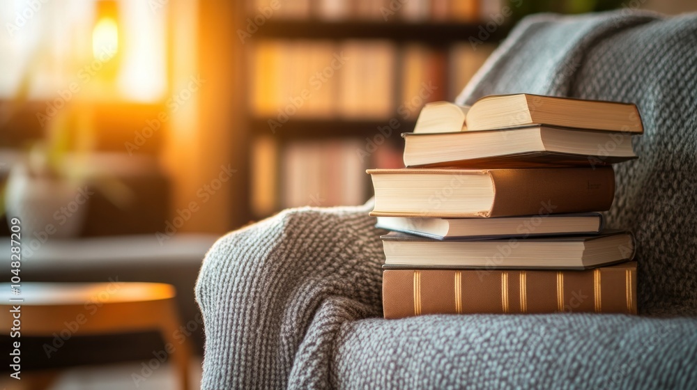 Poster Stack of Books Resting on a Blanket-Covered Armchair