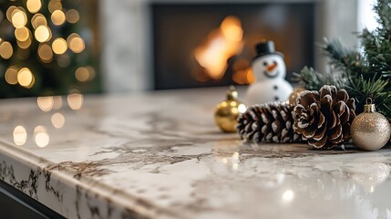 An interior design photo of a white and gold marble countertop with Christmas decorations. In the background is a fireplace, a Christmas tree, and lights