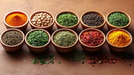 Colorful Spices and Herbs in Bowls on Brown Background for Indian Cuisine