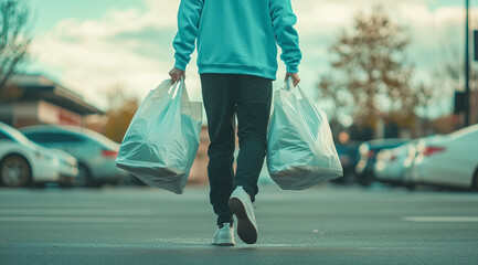 A person in casual clothing carrying shopping bags