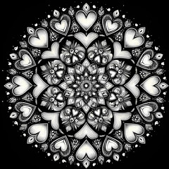 simple minimalist white vector fine line art of A mandala that symmetrically arranges various heart shapes around a central axis, on a black background.