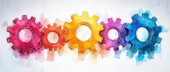 Vibrant Watercolor Illustration of Gears and Cogs