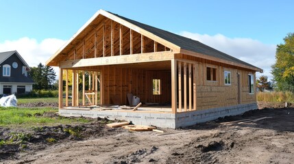 New house under construction shows detailed building process and architectural elements.