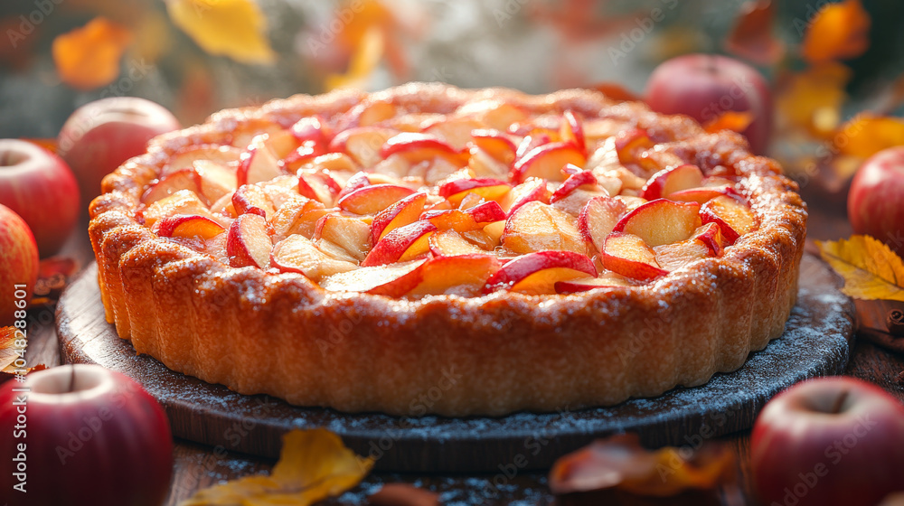 Poster a pie with apples on top of it is on a wooden table. there are apples on the table and on the ground