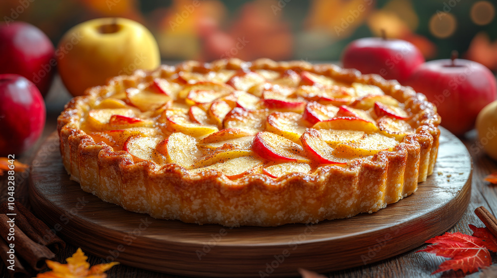 Poster a pie with apples on top sits on a wooden table. the pie is surrounded by apples, and the apples are