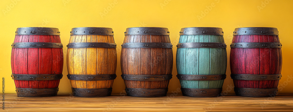 Aufkleber a row of wooden barrels with different colors and sizes. the barrels are arranged in a line on a woo