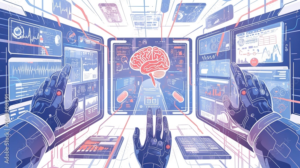 Poster image of robotic hands engaging with a brain interface surrounded by digital screens, symbolizing th