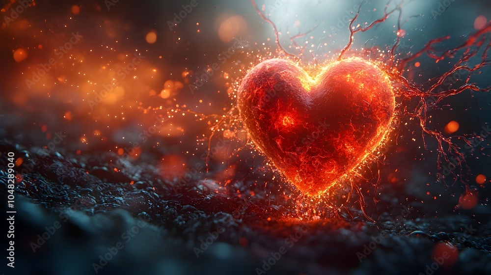 Aufkleber fiery heart exploding with intense passion and energy of burning love and romance,represented by a b
