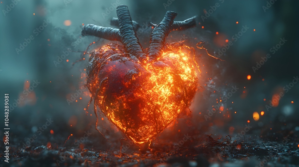 Poster fiery heart explosion igniting burning passion and desire concept. dramatic and intense abstract ima