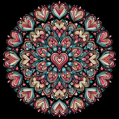 simple minimalist white vector fine line art of A mandala that symmetrically arranges various heart shapes around a central axis, on a black background.