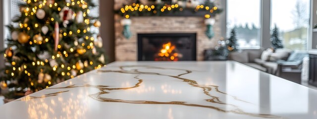 An interior design photo of a white and gold marble countertop with Christmas decorations. In the background is a fireplace, a Christmas tree, and lights