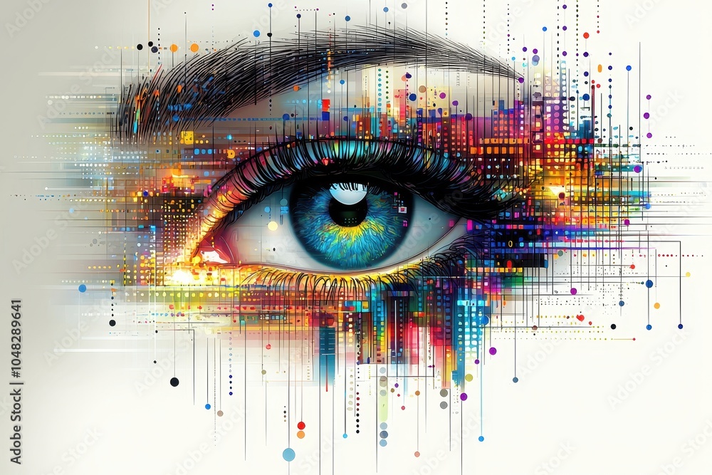 Poster a vibrant, artistic representation of an eye, blending colors and digital elements to create a mesme