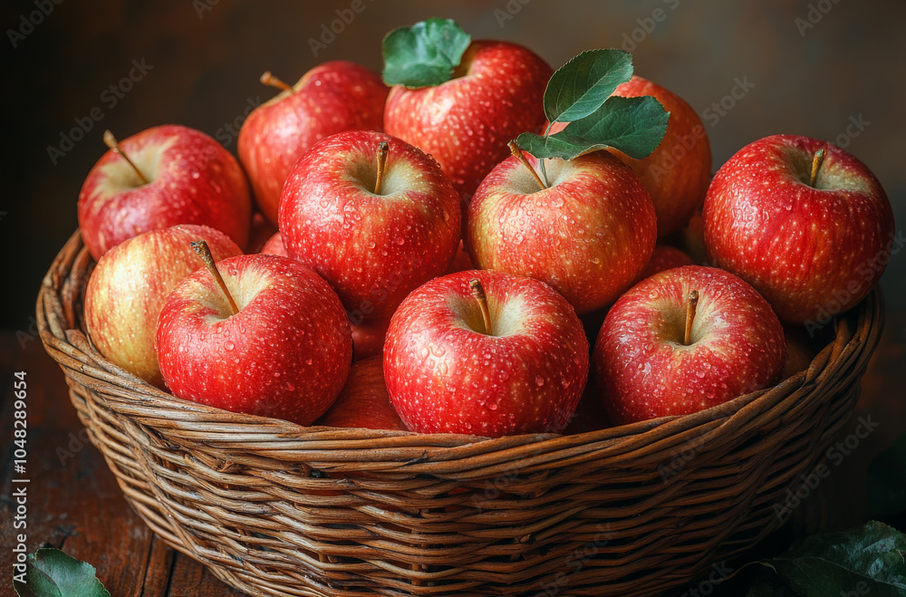 Poster a basket of apples with a leaf on top. the apples are red and shiny. the basket is on a table