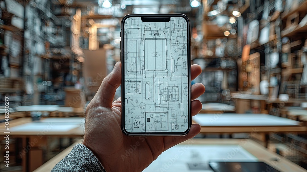 Poster a hand holds a modern smartphone displaying detailed architectural blueprints, surrounded by a creat
