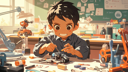 A young boy enthusiastically works on a robotics project in a vibrant workshop, demonstrating creativity, innovation, and the wonder of learning in a playful environment.