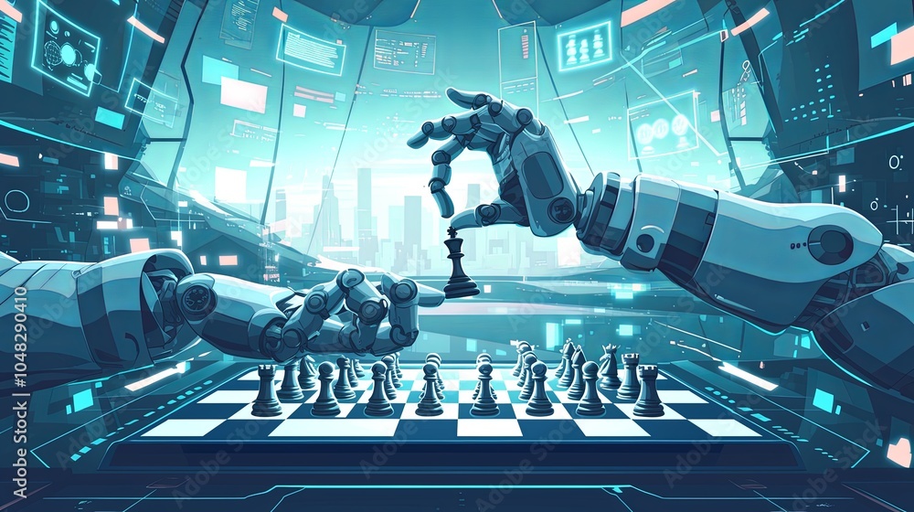 Poster a visually striking image of robotic hands engaging in a futuristic chess game, placed in a high-tec