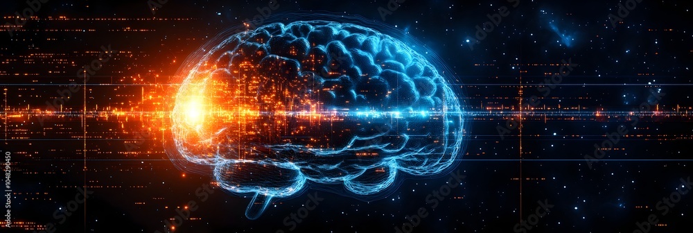 Poster Futuristic Digital Brain with Glowing Neural Network and Cosmic Space Background. Abstract technological concept of intelligence,machine learning.