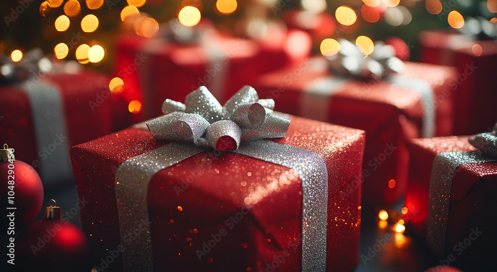 Poster a bunch of red and silver wrapped presents with a bow on top. the presents are all different sizes a