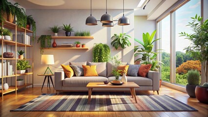 Stylish Minimalist Living Room Interior with Comfy Sofa and Potted Plants for Modern Home Decor