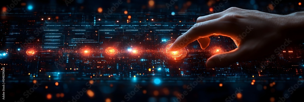 Poster Futuristic technological interface featuring a dynamic,glowing holographic display with virtual controls and data visualization. Representing the concept of advanced digital intelligence.