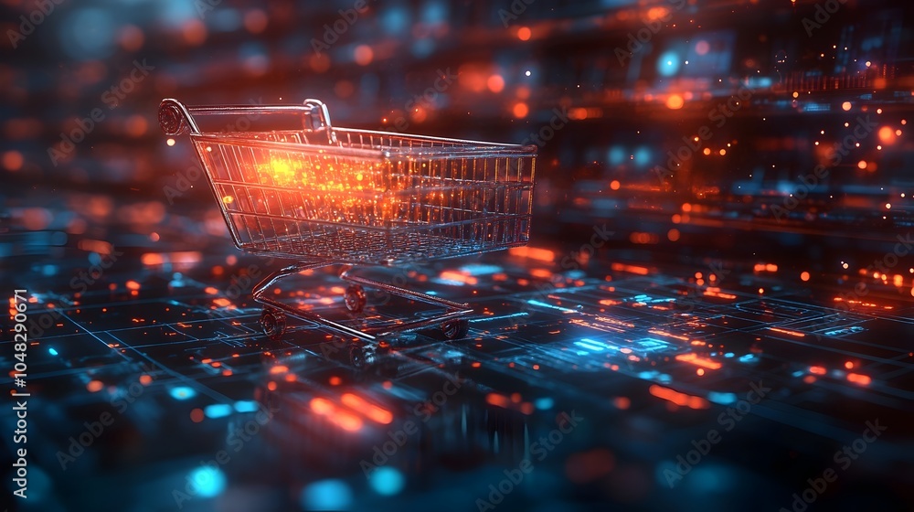 Poster futuristic online shopping cart with vibrant neon lights,blur effect and 3d rendering. concept of mo