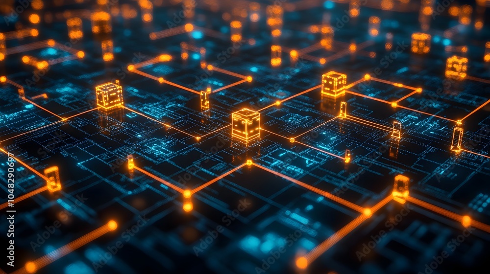 Poster Futuristic wireframe technological grid with glowing cubes and data visualization. Abstract digital backdrop with illuminated geometric structures,energy flow,and scientific information display.