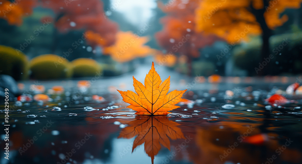 Poster a leaf is floating on the surface of a pond. the leaf is orange and is the only thing visible in the