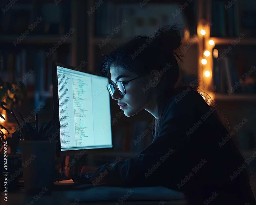 Poster student studying late at night with computer screen illuminating face distance learning flexibility