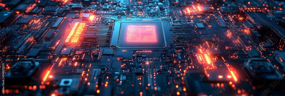 Leinwandbilder Glowing Futuristic Circuit Board Backdrop with Illuminated Microchips and Intricate Technological Patterns. Detailed 3D rendering of a complex electronic circuit with vibrant colors.