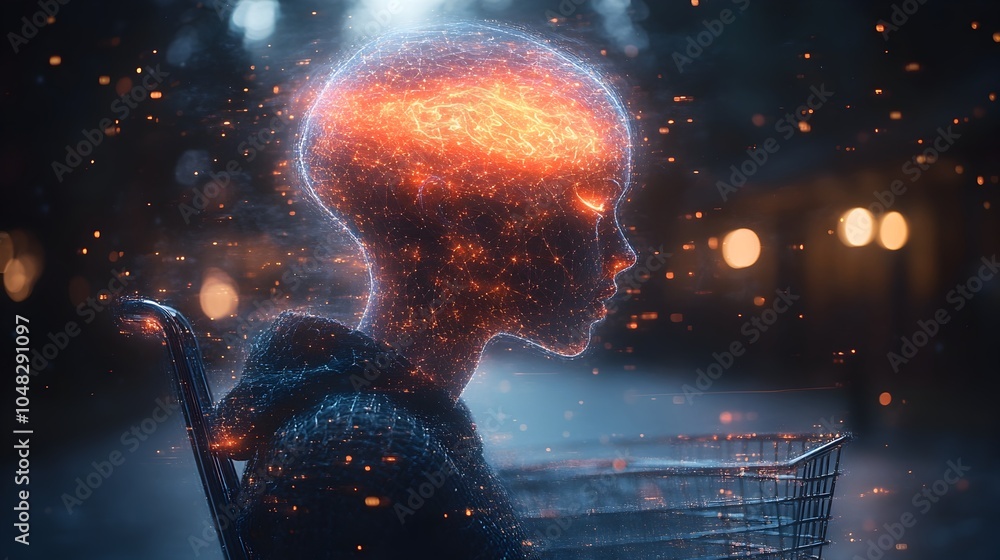 Poster glowing futuristic cyborg brain concept in surreal digital space with pulsing energy orb and cosmic 
