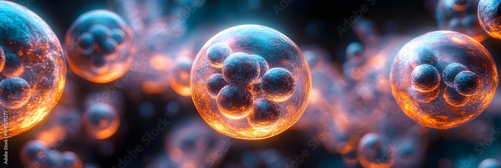 Poster glowing futuristic digital spheres in a cosmic abstract psychedelic swirling particle composition wi