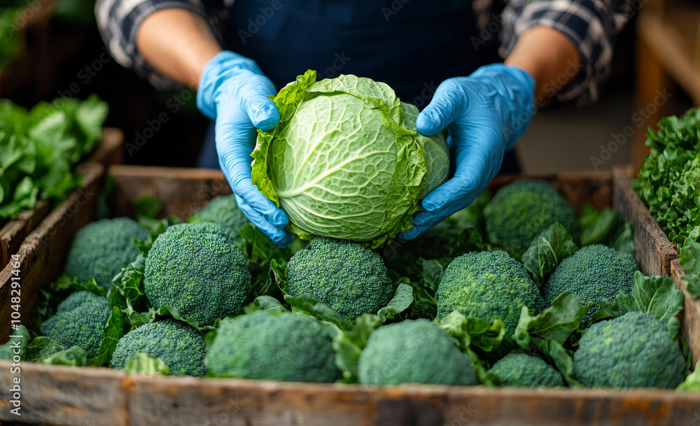 Poster a person is holding a cabbage in a crate of broccoli. the crate is full of broccoli and the person i