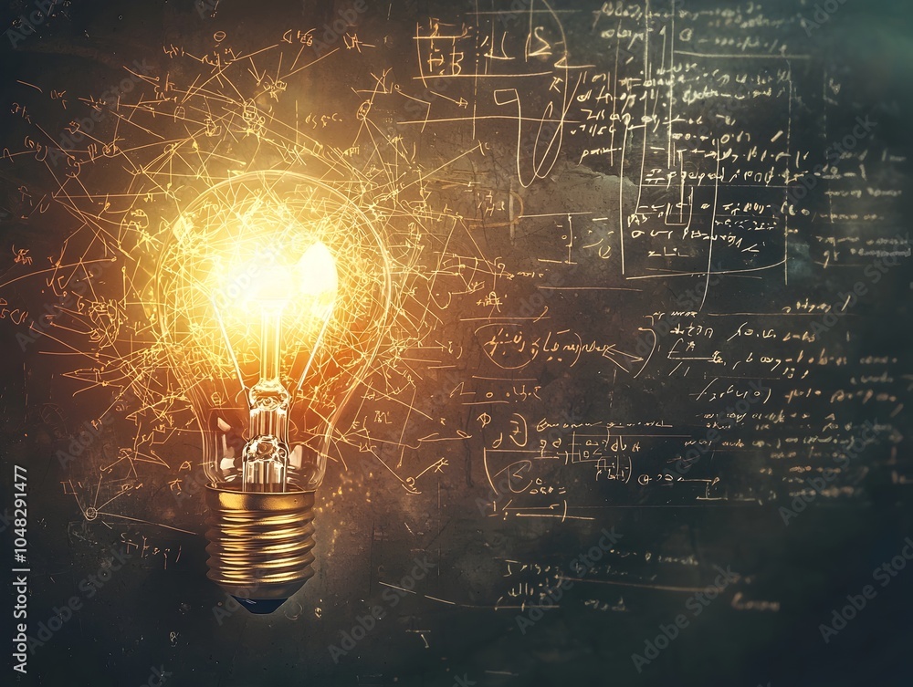 Poster glowing light bulb surrounded by swirling mathematical equations and scientific formulas symbolizing