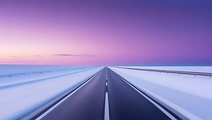 panoramic winter highway road leading horizon purple twilight sky