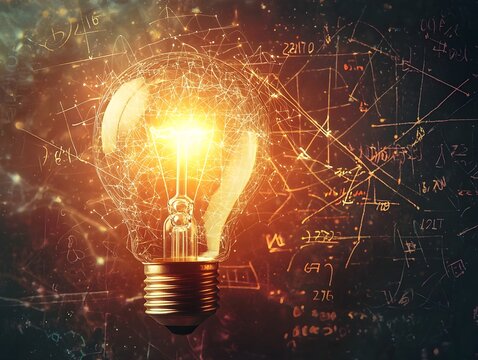 Glowing Light Bulb Surrounded by Mathematical Equations and Scientific Formulas Symbolizing the Illumination of Knowledge