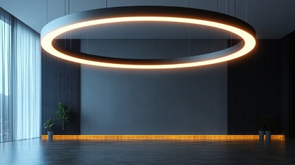 Obraz premium A suspended circular display, hanging in mid-air with a clean white background for an artistic product presentation.