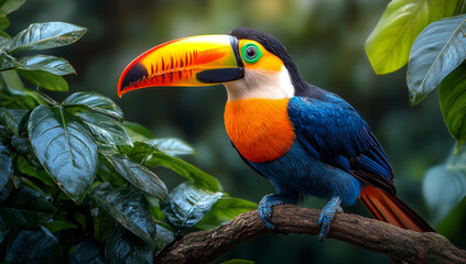 Fototapeta premium A colorful bird with a long beak is perched on a branch in a lush green forest. The bird's bright colors and the vibrant green leaves create a sense of life and energy in the scene