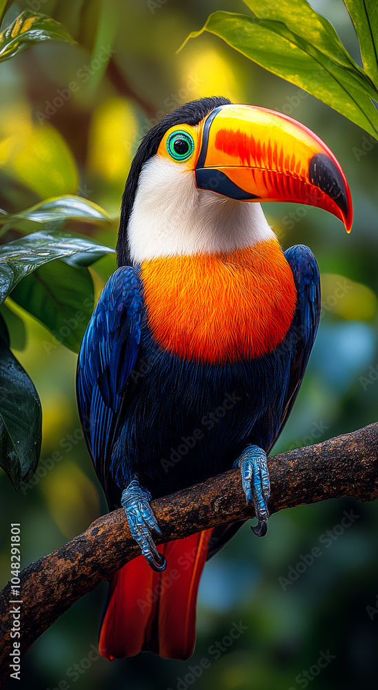 Poster a colorful bird with a blue and orange beak is perched on a branch. the bird is looking directly at 